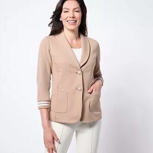 Susan Graver Weekend Marina Knit 3/4 Sleeve Ribbed Cuff Blazer Taupe/White XXS
